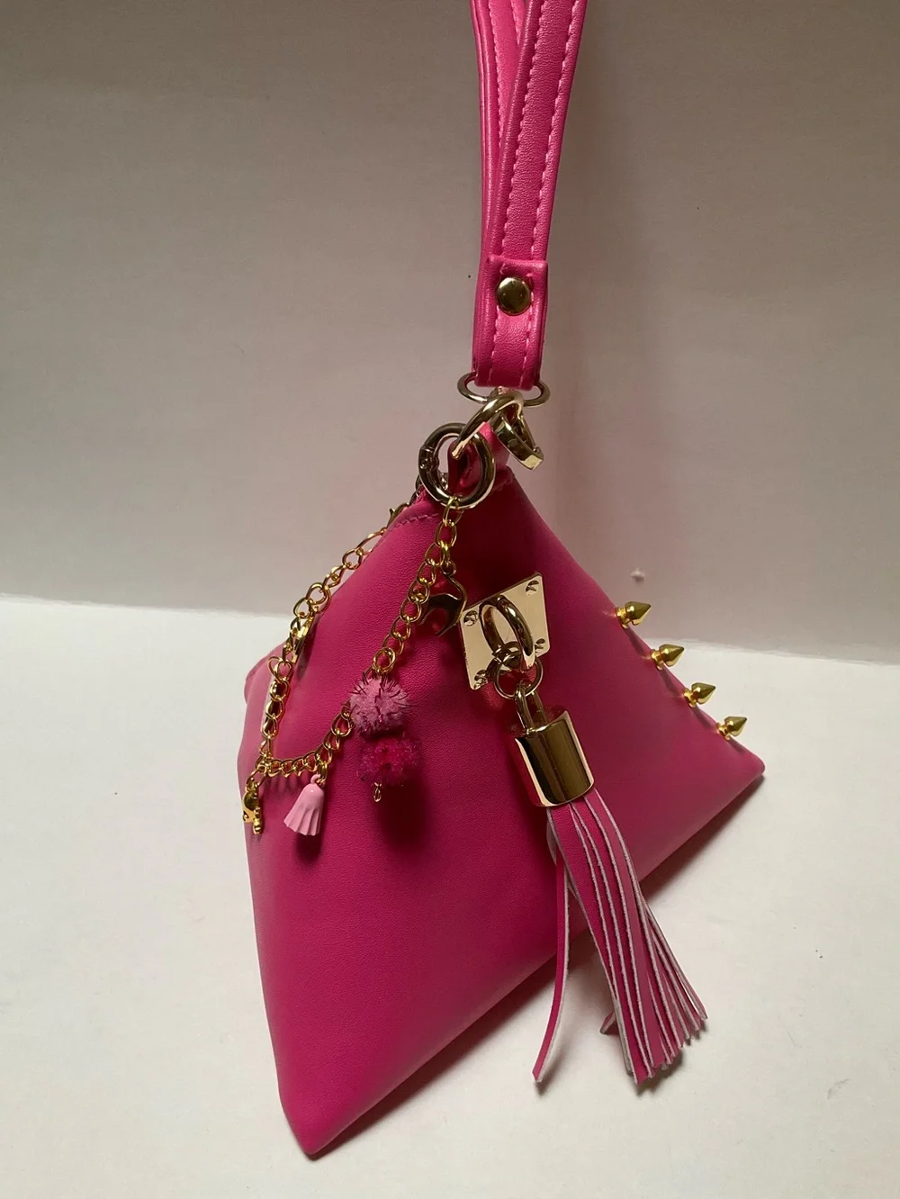 Synthetic leather triangle Hot Pink Wristlet Clutch Gold Spike Summerween Charms